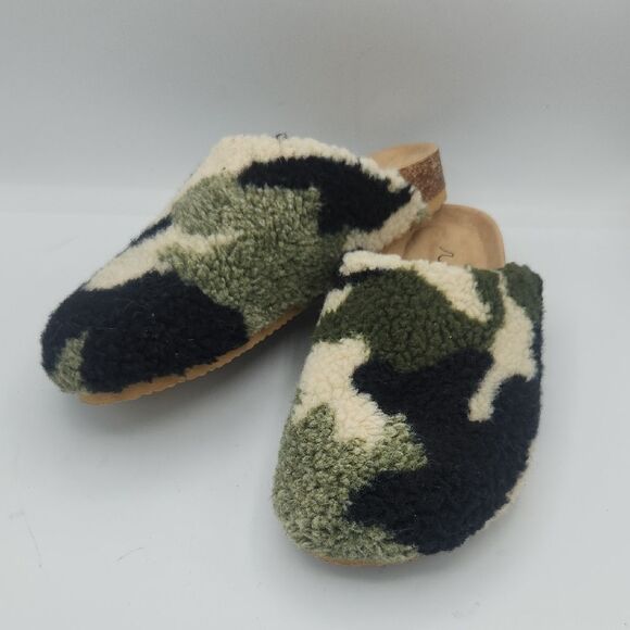 Sugar camouflage Faux Fur Fuzzy Fluffy Close Toe Cork Platform Slide Slipper - Picture 1 of 8